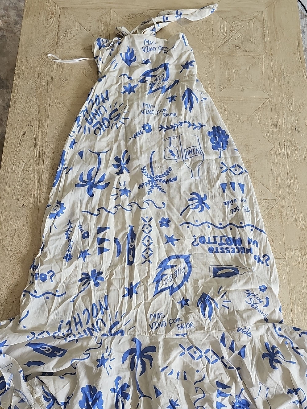 White and Blue Printed Halter Maxi Dress